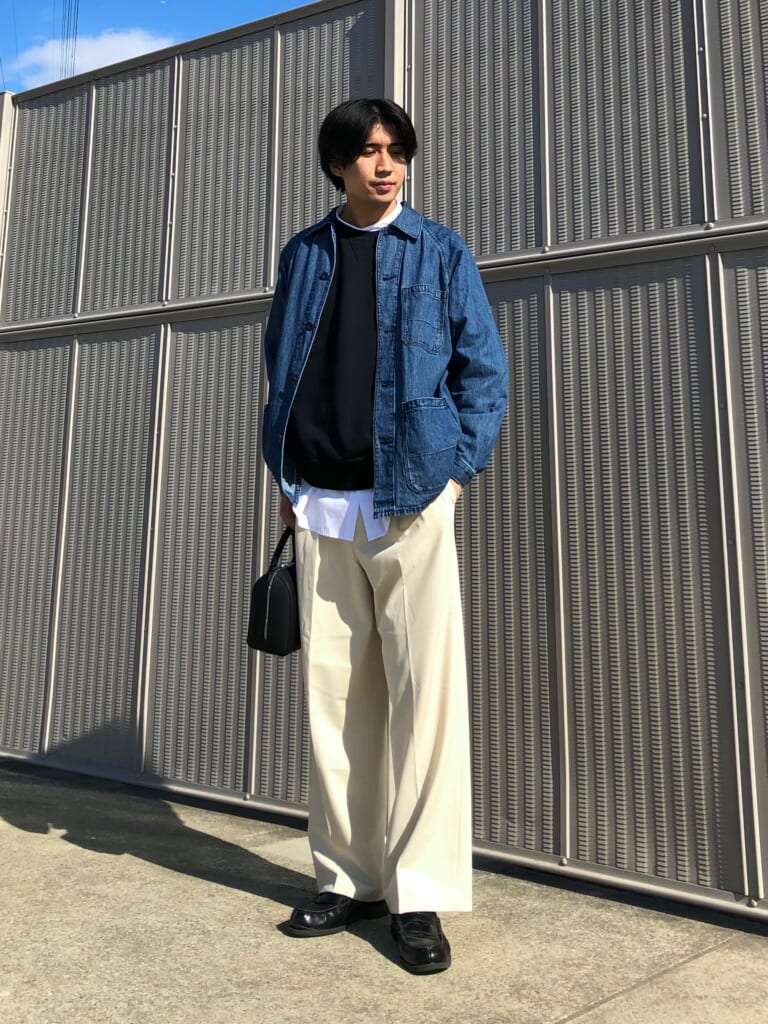 coordinate-1035-denim-jacket-sweat-chino-pants-leather-shoes
